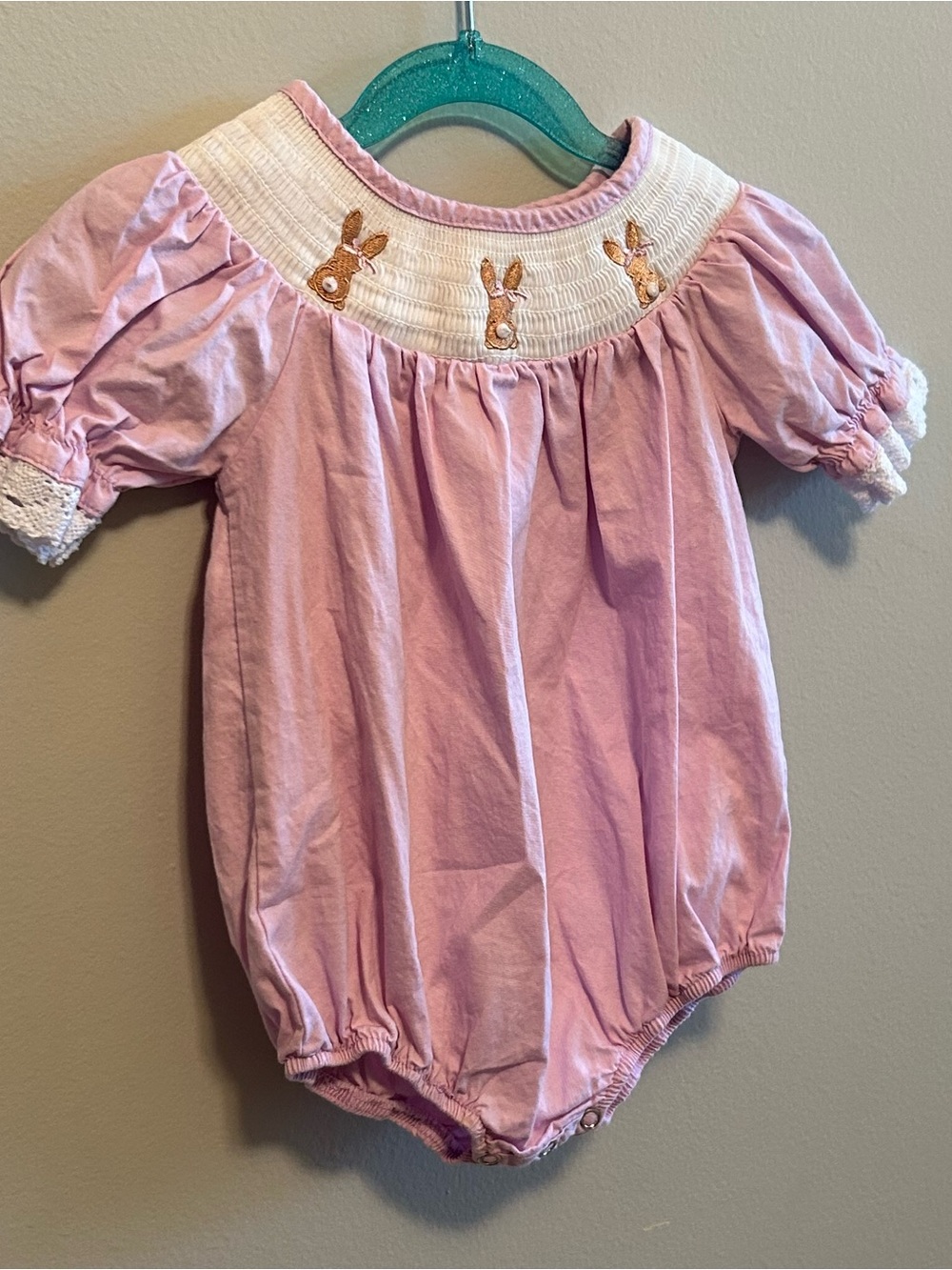 Rylee Faith Designs Smocked Embroidered Spring Bunny Bubble Romper Lace Trim 18M